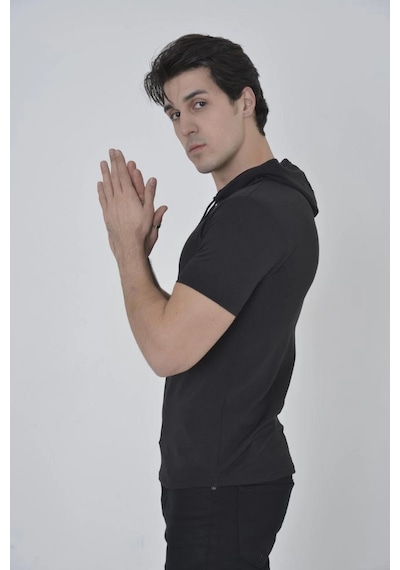 Ertaştrendstore Kadın Kapüşonlu T-shirt Kısa Kol Bisiklet Yaka Slimfit Tişört - Siyah Çok Renk