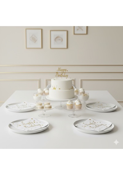 Varaklı Happy Birthday Beyaz Gold Baskılı Peçete 20'li Doğum Günü Parti Peçetesi +3