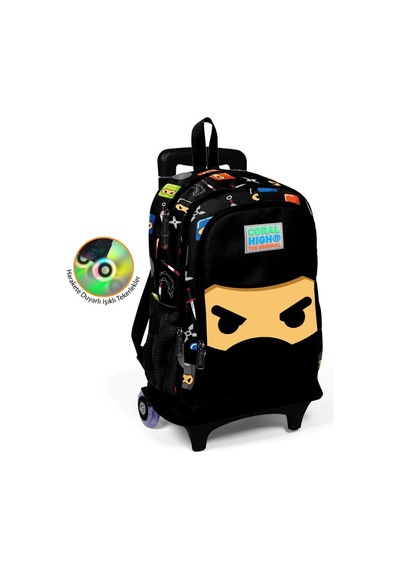 Coral Hig Ninja Baskılı Çekçek Okul Çantası - Işıklı Tekerlekler