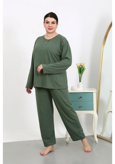 Akbeniz Kadın Büyük Beden Uzun Kol Penye Pijama Takımı Haki 202501 Haki