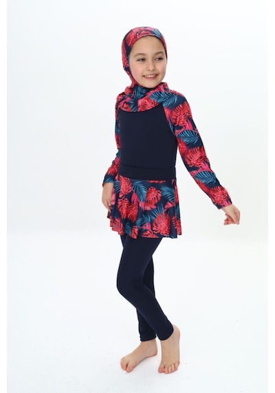 My Kids Wear Üç Parça Kız Çocuk Haşema, Tesettür, Etekli, Kapalı Mayo Kırmızı - Lacivert