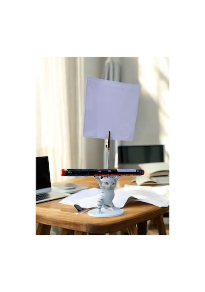 Gri Çigili Kalem Tutabilen Dansçı Kedi Fotoğraf Not Tutacağı Ofis Masası Hediyelik Gri