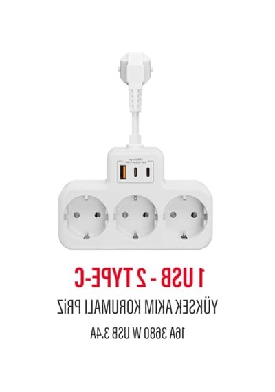 Çoklu Kablolu Priz Dönüştürücü, 1 Usb Ve 2 Type-c Girişli Yüksek Akım Koruması