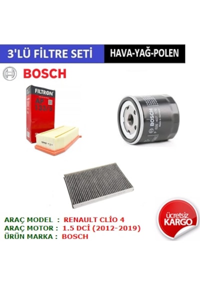 Renault Clio 4 1.5 Dci Filtre Bakım Seti 2012-2019 3'Lü Set Hava + Yağ + Polen