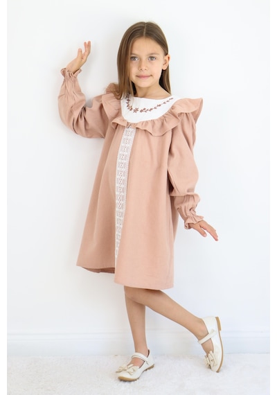 Miababy Nakış Detaylı Keten Elbise 1-8 Yaş Kahverengi