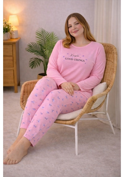 Nisanca Kadın Büyük Beden Uzun Kollu Rahat Pijama Takımı Yumuşak Dokulu Konforlu Ev Giyimi Pudra
