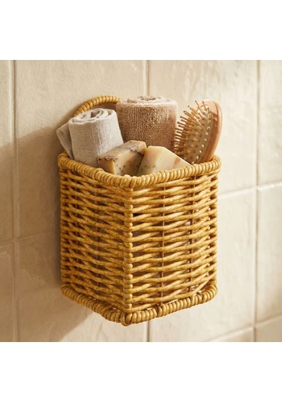 Buffer Kare Hasır Dokulu Plastik Rattan Kaşıklık & Çatallık Askılı Kendiliğinden Tutmalı Çok Amaçlı Mutfak Organizeri Açık Kahverengi