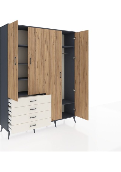 Hyperion Gardrop 6 Raflı 4 Çekmeceli Tek Askılı 176x44x221 Antrasit-çam/aytaşı Çam/aytaşı