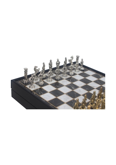 Lüks Sandıklı Metal Satranç Takımı Krom Kaplama Osmanlı Vs Bizans Figürler Mermer Desenli 20 Cm.