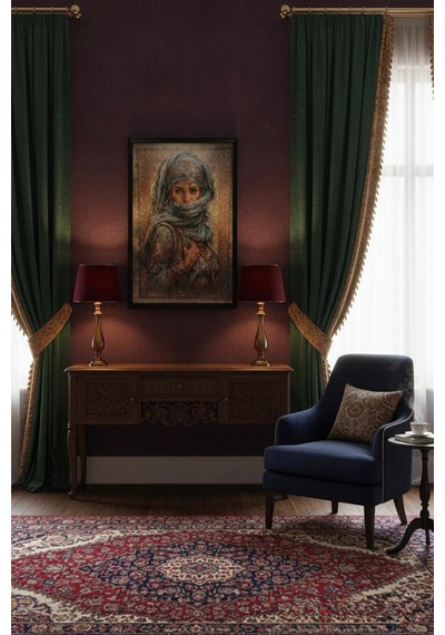 Raschel Home Premium Kumaş Halı Çerçeveli Tablo Halı Dokulu Özel Çerçeveli Mavi 80 X 120 Çok Renkli