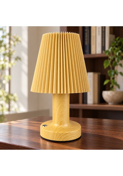 Sleepnova Şarjlı Led Masa Lambası Ahşap Görünümlü Pileli Abajur 3 Işık Modlu 15x13 Cm Ahşap  - Bej