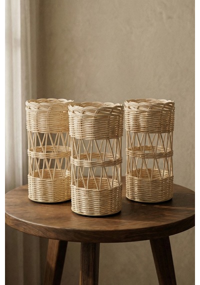 Rattan Kaplı Vazo El Örgüsü Hasır Çiçek Vazo Krem
