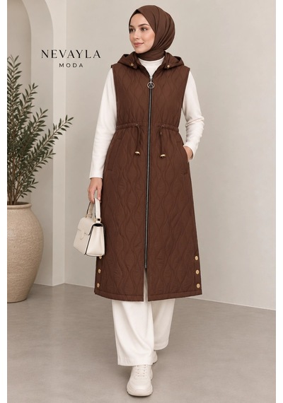 Nevayla Moda Mevsimlik Kapüşonlu Yelek - Kahverengi / M117