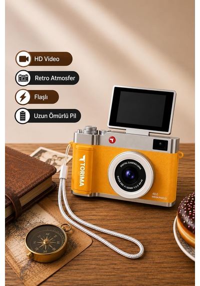Mini Dijital Retro Kamera Cmr50 Sarı 48mp Selfie Video Vlog Kamerası