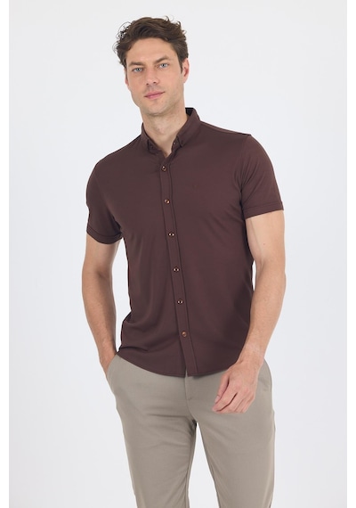 İmza Koyu Kahverengi İtalyan Düğmeli Yaka Kısa Kol Cepsiz Slim Fit Gömlek 1004250255 Koyu Kahverengi