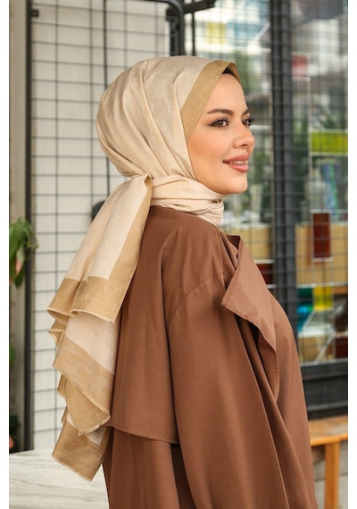 Premium Lux Original Monogram Şal İpek Vual, Yüksek Kalite, Hafif, Rahat, Şık, Tesettür, Shawl Gold
