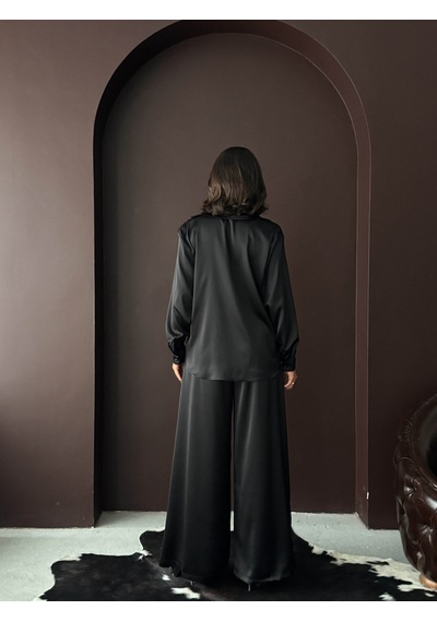 Verymoda Yüksek Bel Bol Paça Saten Pantolon Şık Ve Rahat Tasarım F2052 Siyah
