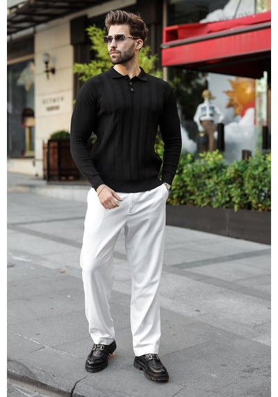 Madmext Siyah Düğmeli Polo Yaka Desenli Over Fit Erkek Triko Kazak E7520