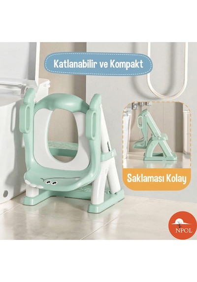 Latrina Pro Basamaklı Çocuk Tuvalet Eğitim Seti - Katlanabilir Klozet Küçültücü - Yeşil