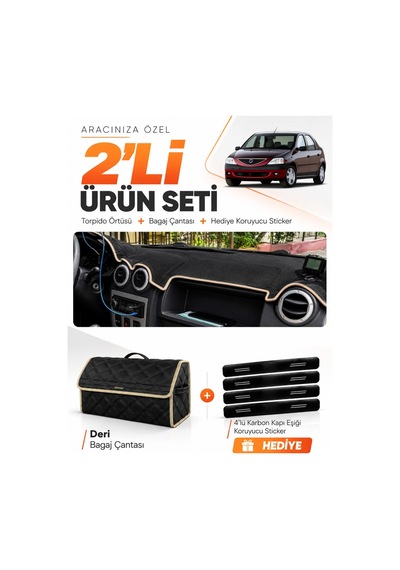 E-biz Dacia Logan 1 2004-2008 Uyumlu Torpido Örtüsü + Deri Bagaj Çantası Seti - Siyah-bej - Da006