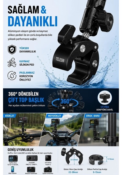 Magicool Motosiklet Bisiklet Gidon Kamera Montaj Metal Kelepçesi 360 Döner Metal Tutucu