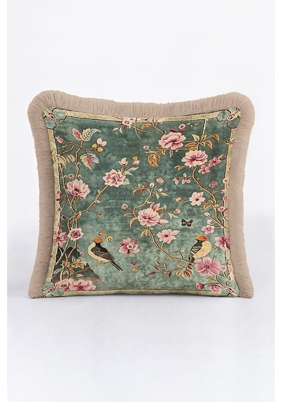 Lüks Çiçekli Kuş Motifli Saçaklı Yastık Kılıfı - Vintage Yeşil Pudra Rustik Püsküllü Kırlent Kılıfı Çok Renkli