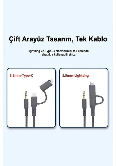2in1 Type-c, Lightning İle Uyumlu To 3.5mm Silikonlu Aux Kablosu 1m Mt2812 Tak Çalıştır