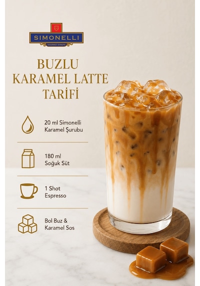 Simonelli Karamel Aromalı Kahve ve Kokteyl Şurubu 700 ML + Şurup Pompası - Latte Frappe Soğuk Sıcak Kahve ve Tatlı Şurubu