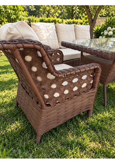 Rattan Bahçe Ve Balkon Takımı 3+1+1 2 Adet Puf Hediyeli Kahverengi