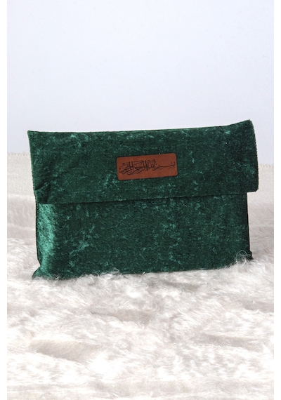 Orta Boy Kuranı Kerim Kadife Taşıma Çantası Yeşil Yeşil
