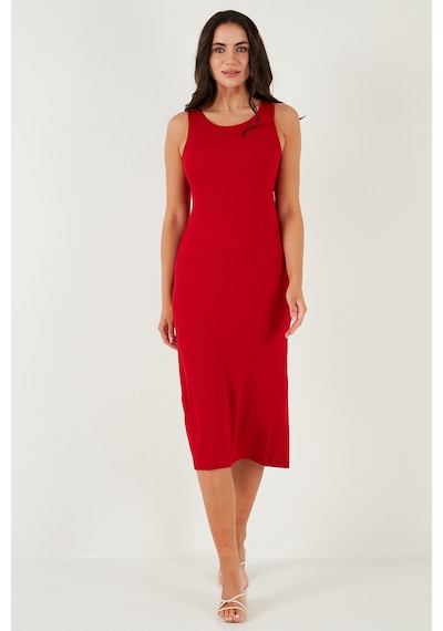 Lela Fitilli Slim Fit Bisiklet Yaka Yırtmaçlı Midi Boy Bayan Elbise 5866101 Kırmızı