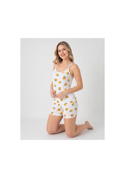 Pijamask Kadın Beyaz Çilek Desenli Askılı Şortlu Pijama Takımı Pamuklu Yazlık Ev Giyim P100-0040 Beyaz