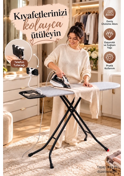 Perilla Alsu Lüx Ütü Masası – Isıya Dayanıklı Kumaş, Buhar Geçirici Geniş Perfore Tablalı Standart Ütü Masası 38*120 cm