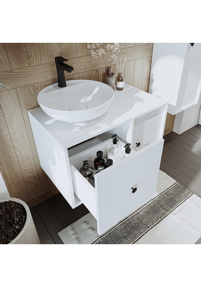 Gusto Ayaksız Oval Lavabolu Mdf 75 Cm Çekmeceli Banyo Dolap Beyaz Mat Beyaz