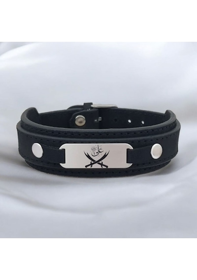 Archin Hz Ali Temalı Temalı Siyah Derili 925 Ayar Gümüş Plakalı Oval Figürlü Hediye Bileklik-421sembol Gümüş