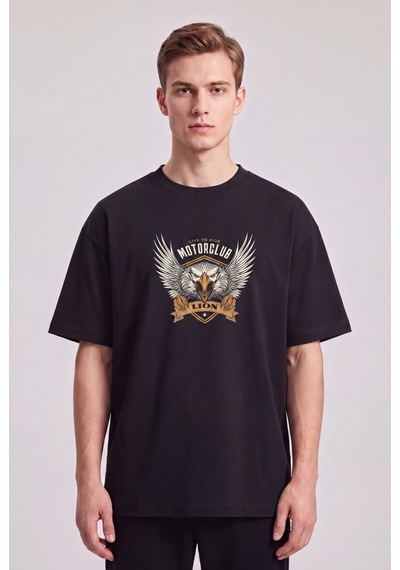 Black Nova Oversize Baskılı Unisex %100 Pamuk T-shirt Motorclub Siyah