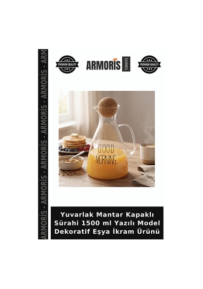 Yuvarlak Mantar Kapaklı Sürahi 1500 Ml Yazılı Model Dekoratif Eşya İkram Ürünü