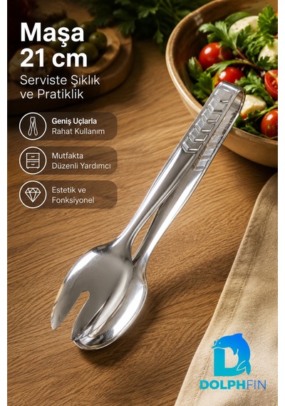 21 Cm Çelik Salata Servis Maşası Kaşık Ve Çatal Uçlu Sunum Maşası Gümüş