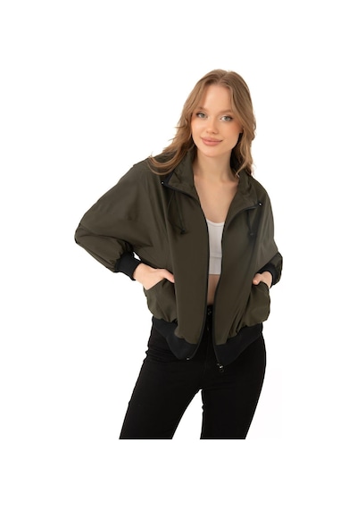 Spor Kadın Dik Yaka Su Ve Rüzgar Geçirmez Oversize Crop Mevsimlik Yağmurluk Rüzgarlık-133 Haki