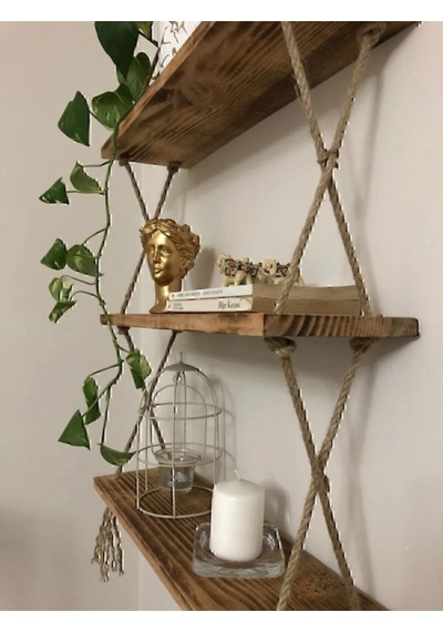 Ahşap Dekoratif Tasarım 3'lü Halatlı Raf Hazır Kurulu 39cm 9cm Kahverengi