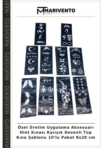 Özel Üretim Uygulama Aksesuarı Hint Kınası Karışık Desenli Tüp Kına Şablonu 10'lu Paket 8x20 Cm
