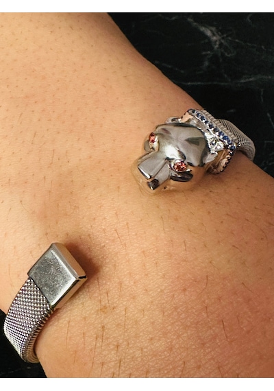 Erkek Kaplan Başlı Gümüş Bileklik Garnet Gözlü Safir Detaylı Çeli