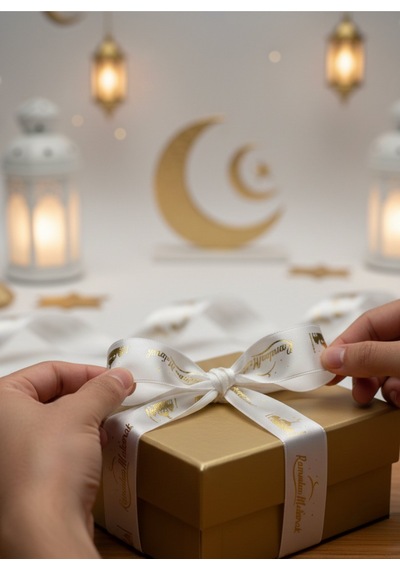 Ramadan Mubarak Yazılı Hediye Paketleme Kurdelesi, Altın Varaklı Saten Kurdele, 2.5cm X 5m, Krem Standart