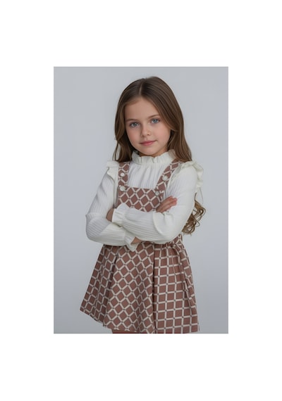 Fesshera Kids Kız Çocuk Baklava Desen Salopet Jile Ve Fitilli Bluz Takım - Fırfırlı 2'li Alt Üst Set Pudra