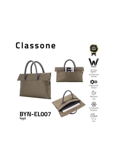 Classone Byn-el007 Wtxpro Su Geçirmez Kumaş 13-14 İnch Bayan Laptop, Notebook, Apple Uyumlu MacBook Air El Çantası- Tote Bag - Yeşil