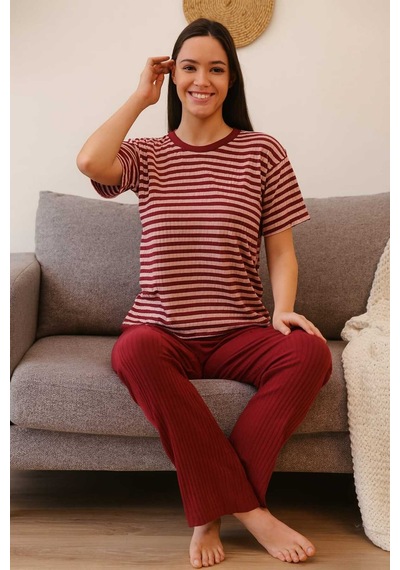 Tenra Kadın Pijama Takımı Kısa Kollu %100 Pamuk Bordo