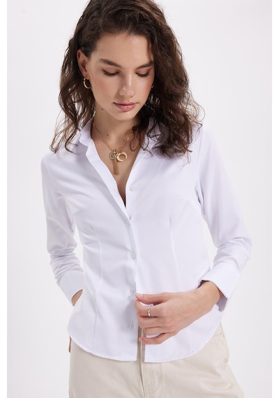 Tudors Kadın Slim Fit Dar Kesim Pensli Vucüda Oturan Uzun Manşet Beyaz Gömlek-42064 Beyaz