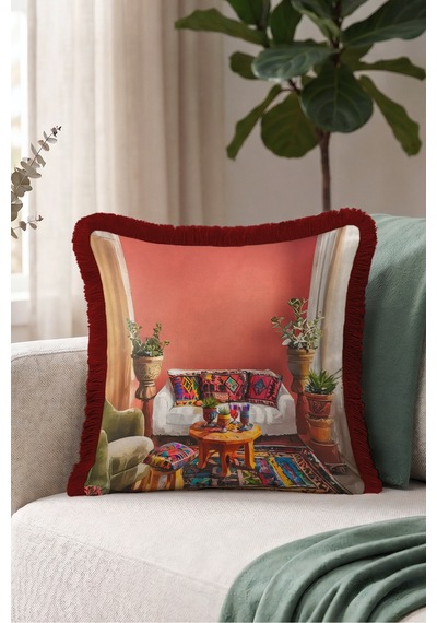 Etnik Otantik Şark Köşesi Saçaklı Yastık Kılıfı - Kiremit Bordo Püsküllü Kırlent Kılıfı - 40x40 Cm Uzak Düş Halo