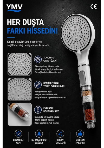 Ymv Mineralli Filtreli 5 Fonksiyonlu Duş Başlığı Start Stop Butonlu Basınç Destekli Banyo El Duşu Beyaz