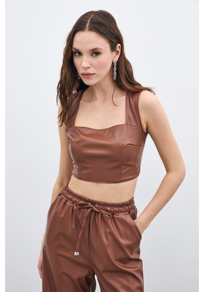 Sateen Kare Yaka Deri Crop - Kahve-135668 Kahve